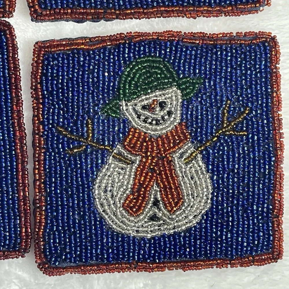 Crate‎ & Barrel Beaded Snowman Coasters Silk Set of Four Christmas Winter Table